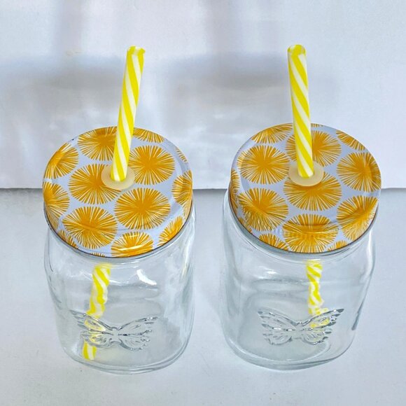 Lemonade Glasses Set Of 2 With Yellow Floral Screw-On Lids Reusable Straws 16 Oz - Picture 4 of 7